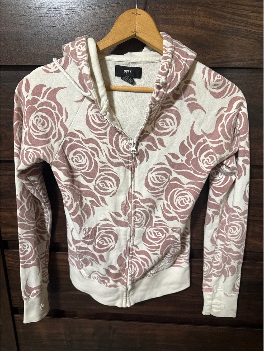 Obey Women's Zip-Up Hoodie with Rose Pattern, Size Small